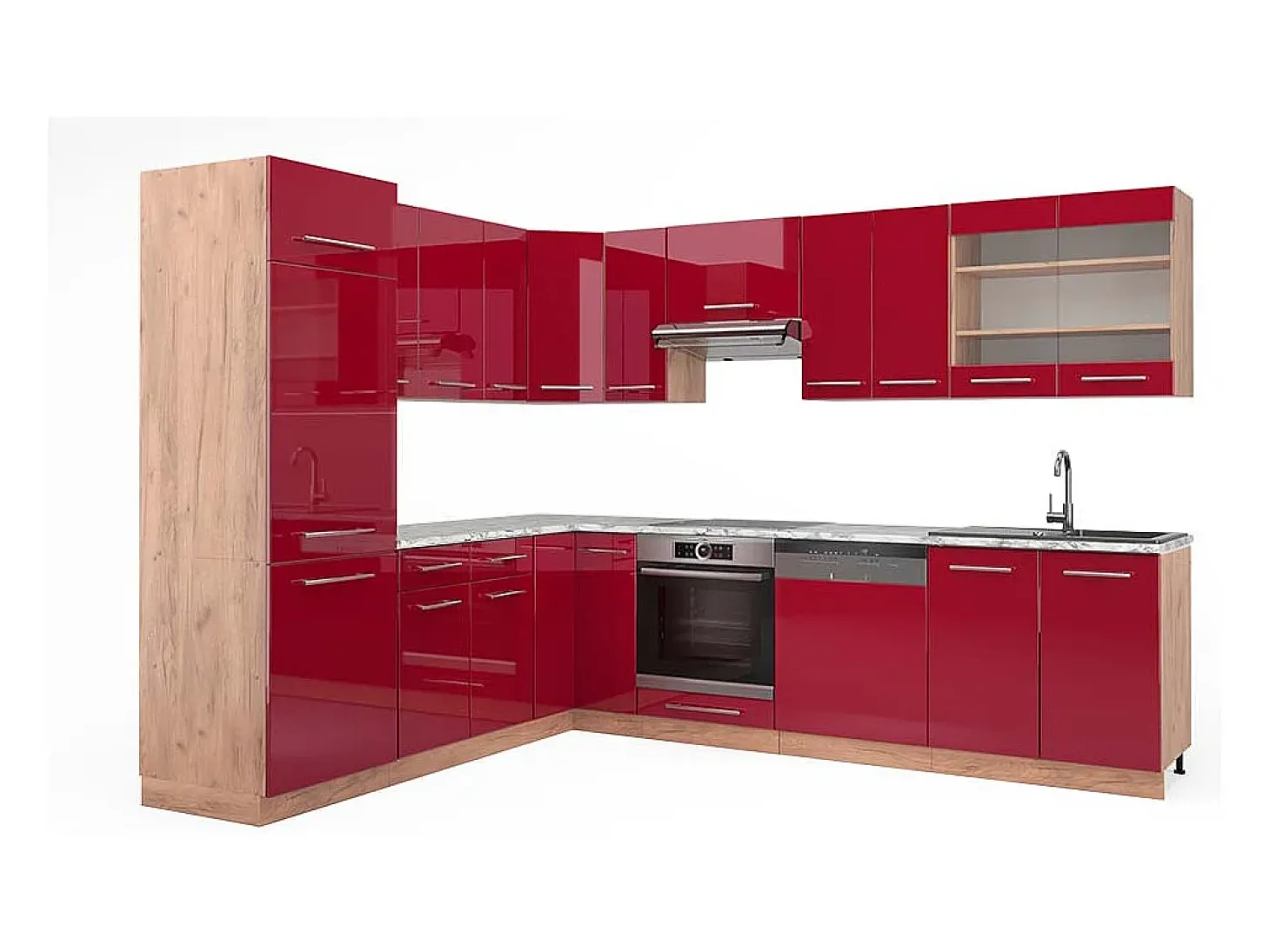 Cocina esquinera burdeos brillo intenso/roble dorado 227x60x81.6 fame-line