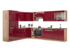 Cocina esquinera burdeos brillo intenso/roble dorado 347x60x81.6 fame-line