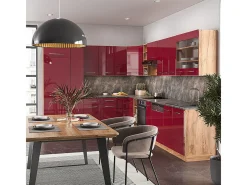 Cocina esquinera burdeos brillo intenso/roble dorado 347x60x81.6 fame-line