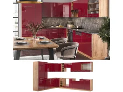 Cocina esquinera burdeos brillo intenso/roble dorado 347x60x81.6 fame-line