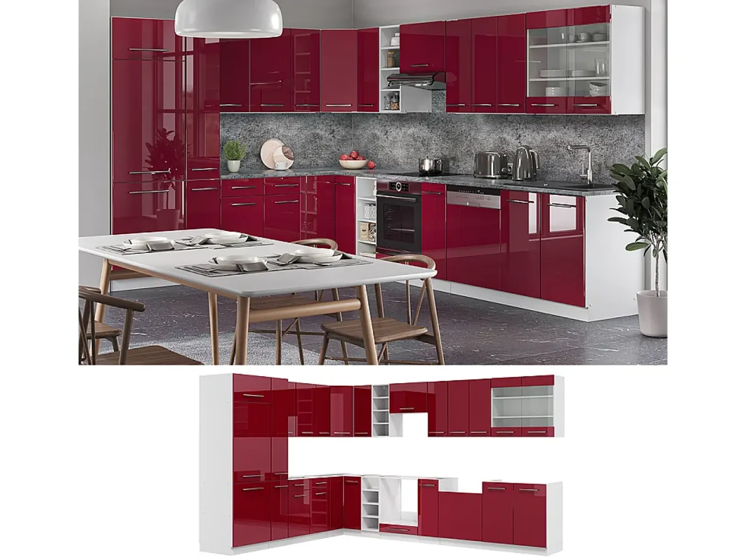 Cocina esquinera burdeos brillo intenso/blanco 347x46x81.6 fame-line
