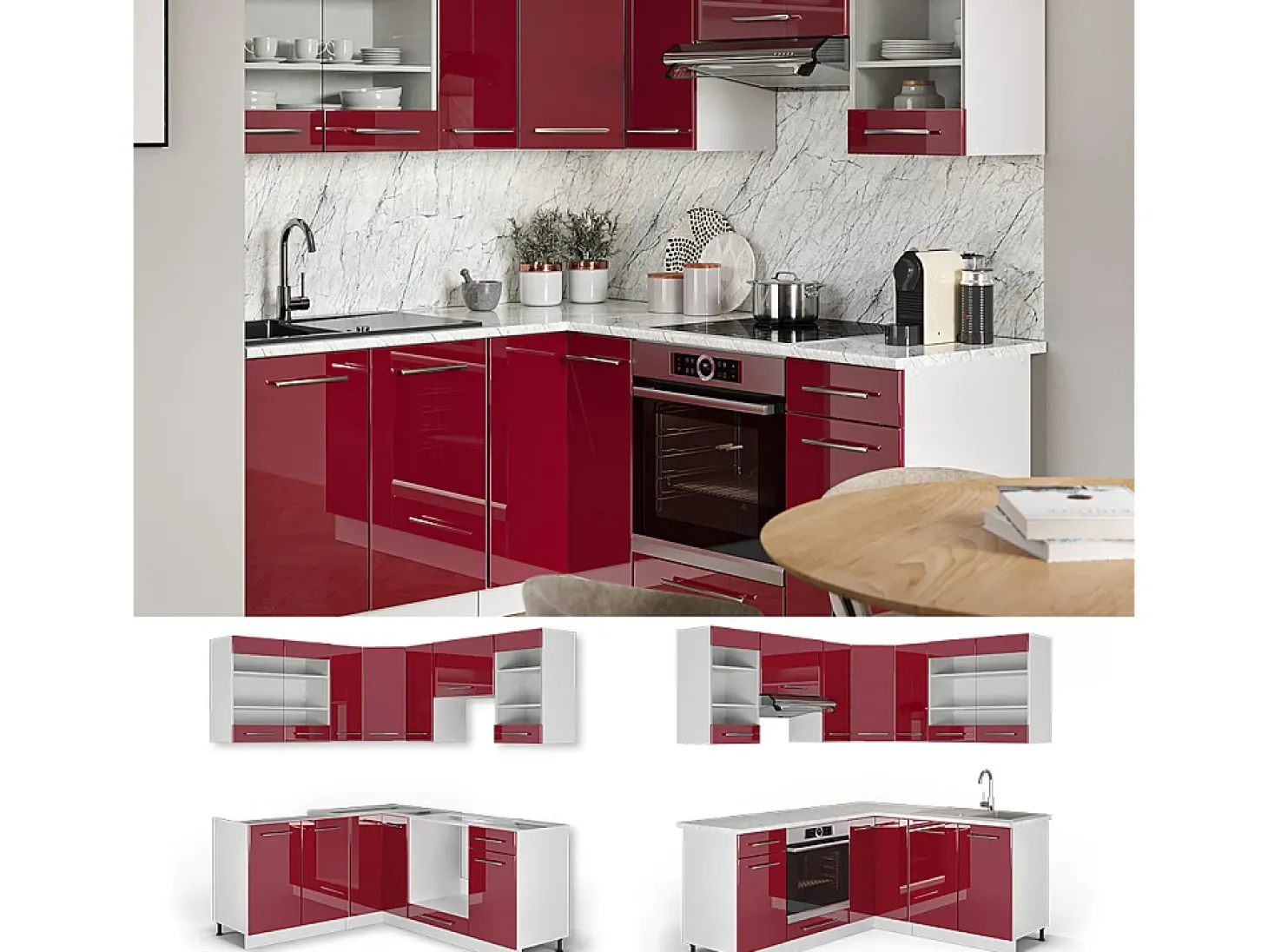 Cocina esquinera burdeos brillo intenso/blanco 190x46x81.6 fame-line