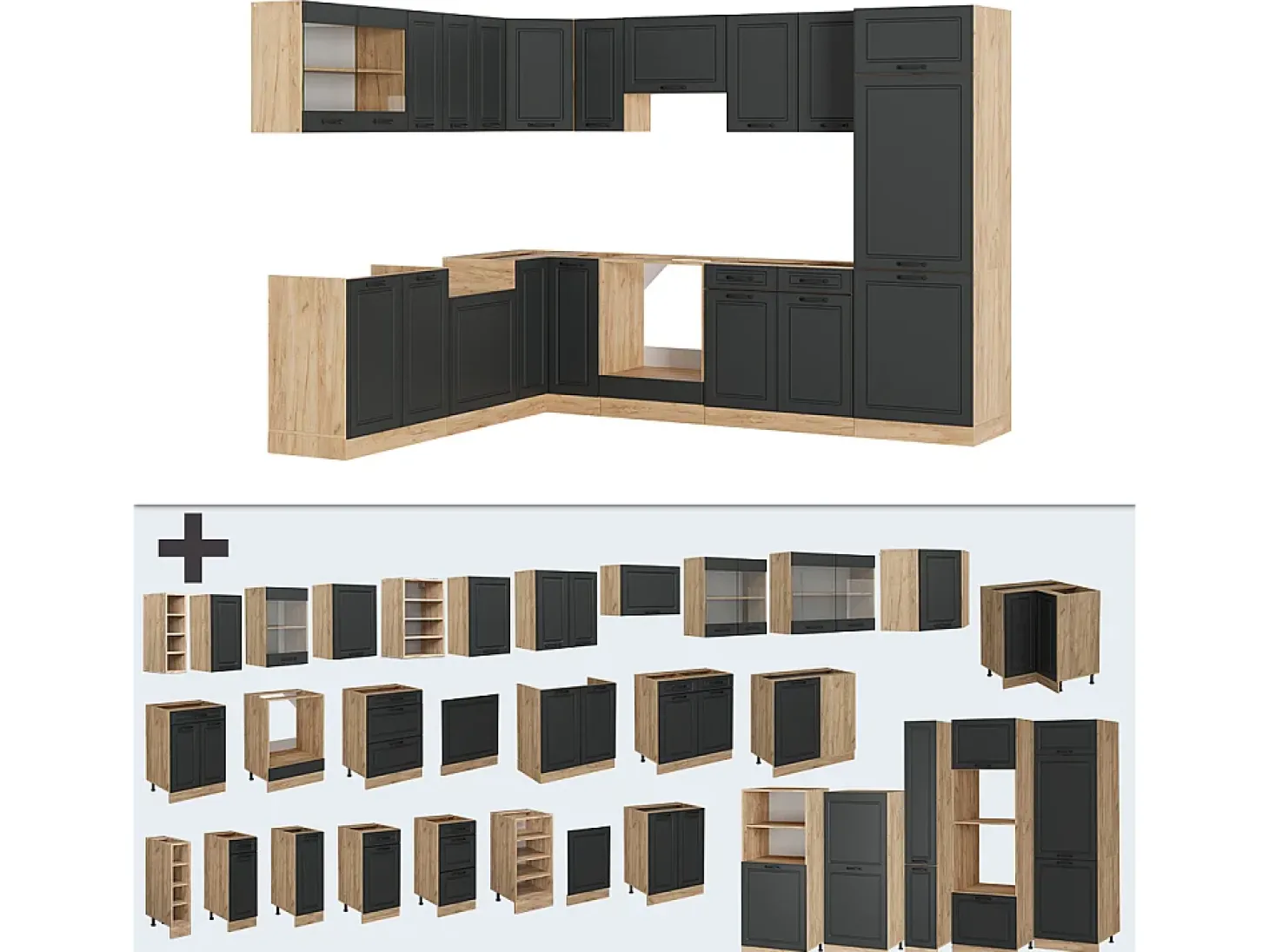 Cocina esquinera casa de campo antracita/roble dorado 287x60x81.6 r-line