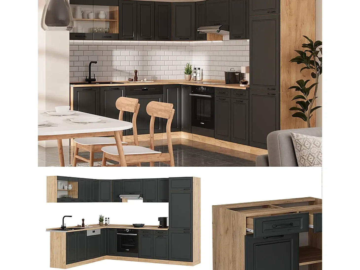 Cocina esquinera casa de campo antracita/roble dorado 287x60x81.6 r-line