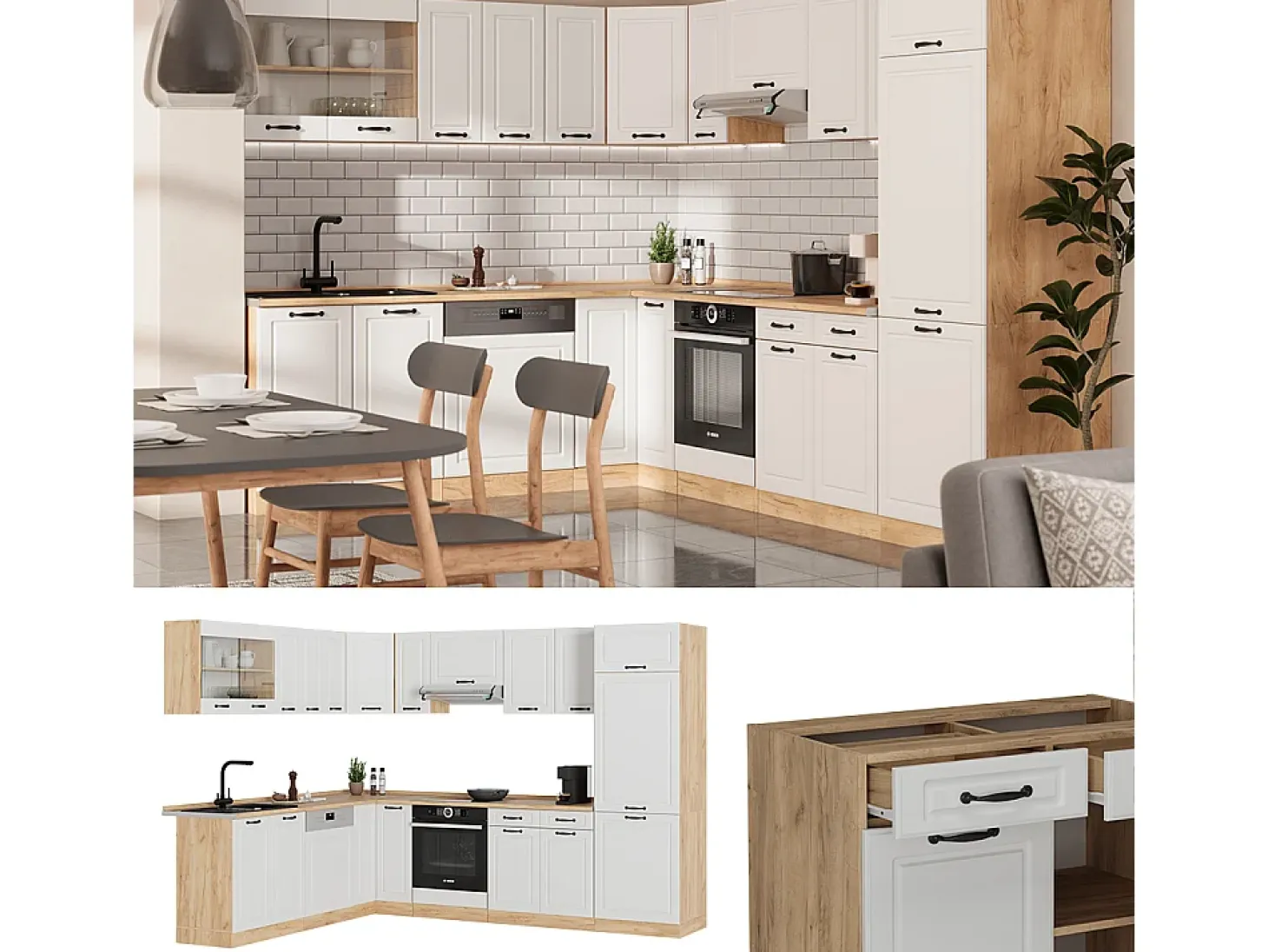 Cocina esquinera casa de campo blanca/roble dorado 287x60x81.6 r-line