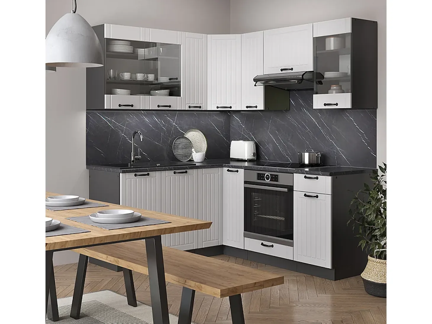 Cocina esquinera casa de campo blanca/antracita 190x60x81.6 fame-line