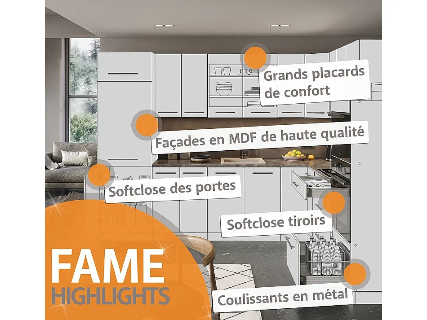 Cocina esquinera casa de campo blanca/antracita 287x60x81.6 fame-line