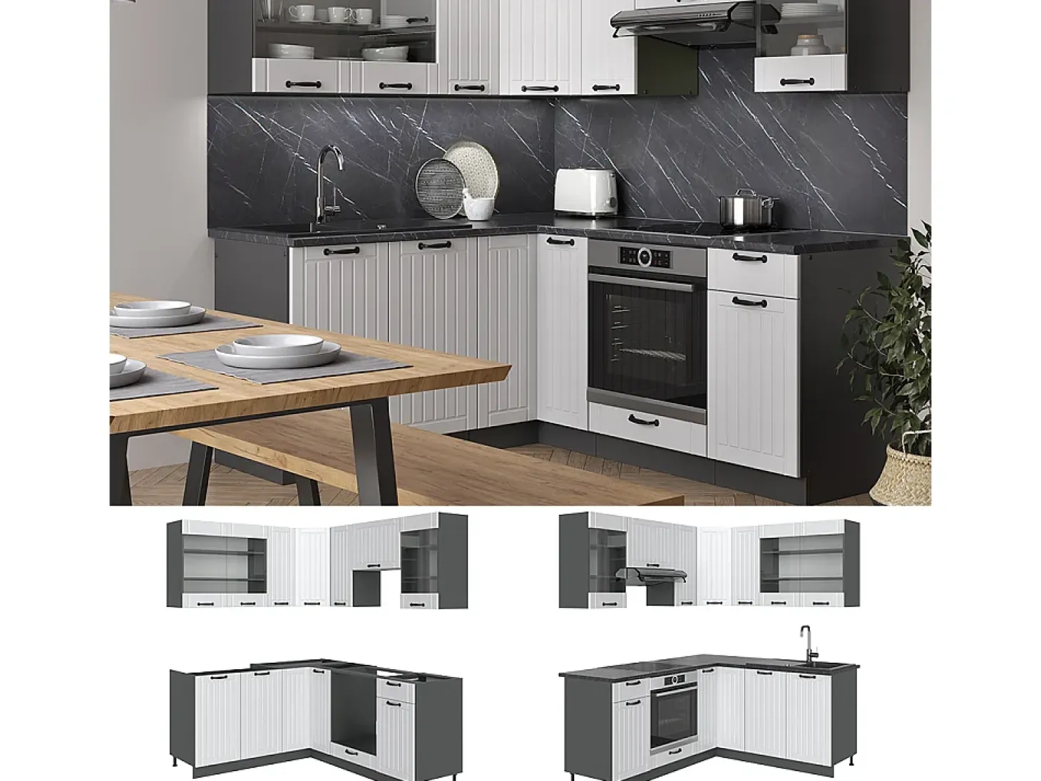 Cocina esquinera casa de campo blanca/antracita 190x60x81.6 fame-line