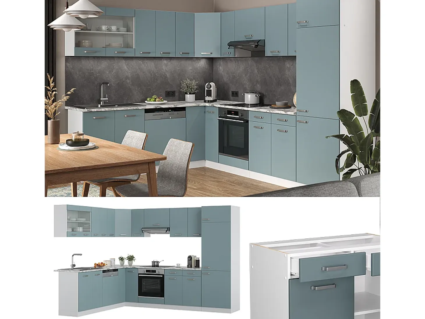 Cocina esquinera gris azulado 287x46x81.6 r-line