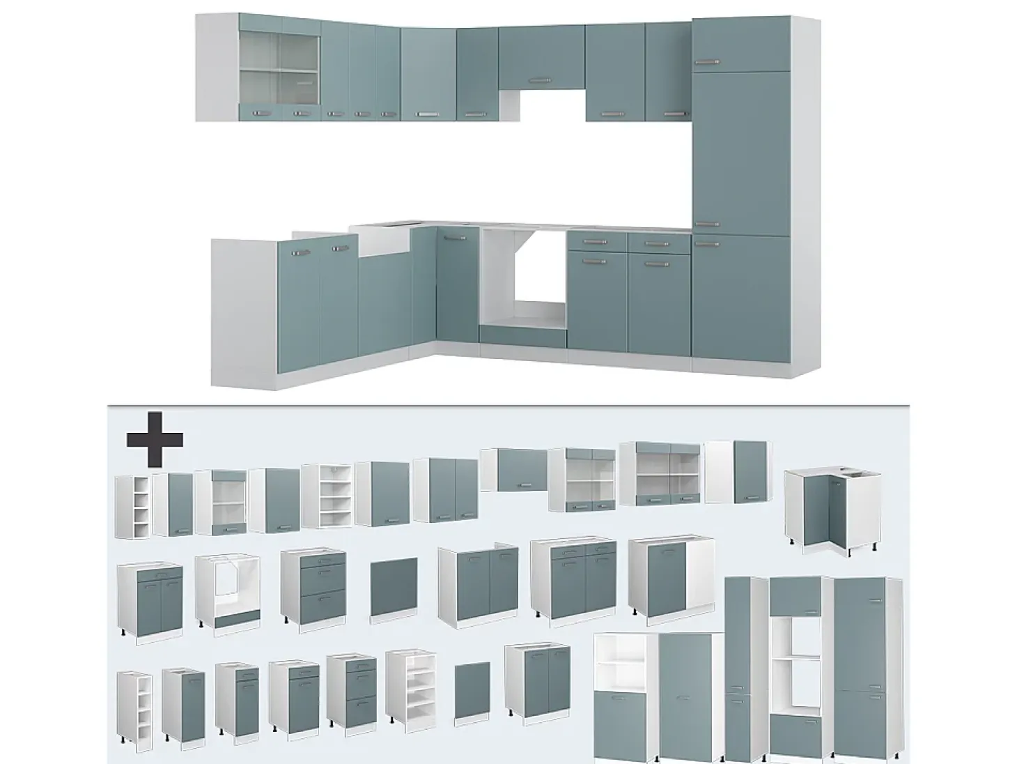 Cocina esquinera gris azulado 287x46x81.6 r-line