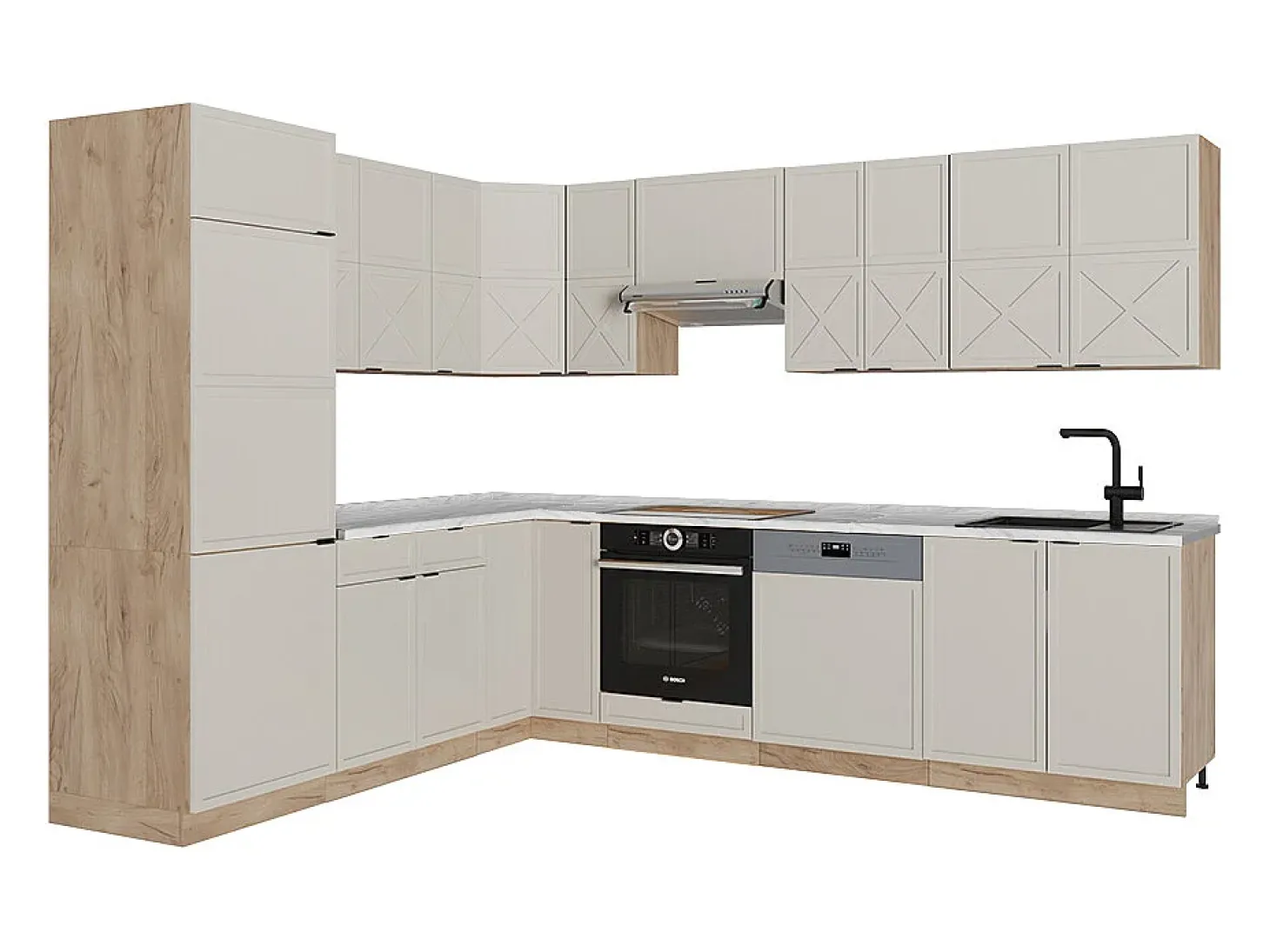 Cocina esquinera gris/beige/roble dorado 287x46x81.6 fame-line
