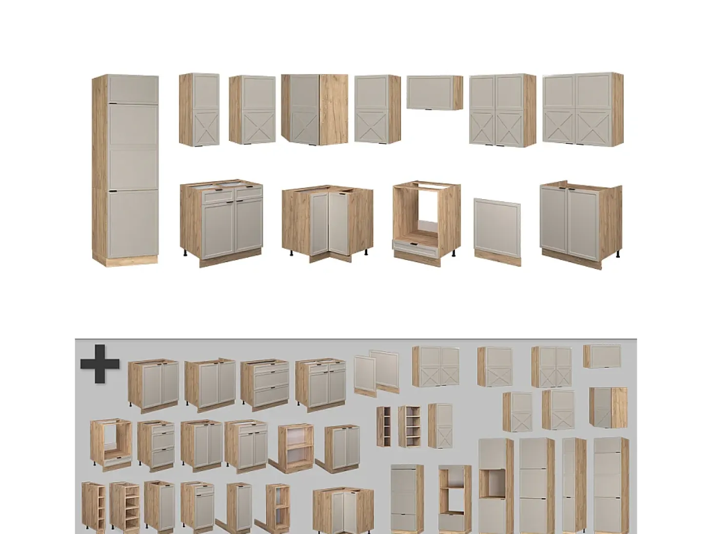 Cocina esquinera gris/beige/roble dorado 287x46x81.6 fame-line