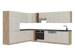 Cocina esquinera gris/beige/roble dorado 347x60x81.6 fame-line