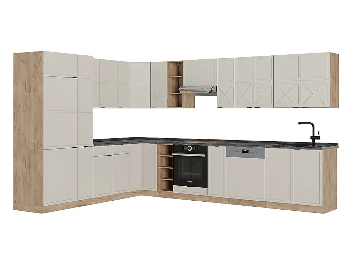 Cocina esquinera gris/beige/roble dorado 347x60x81.6 fame-line