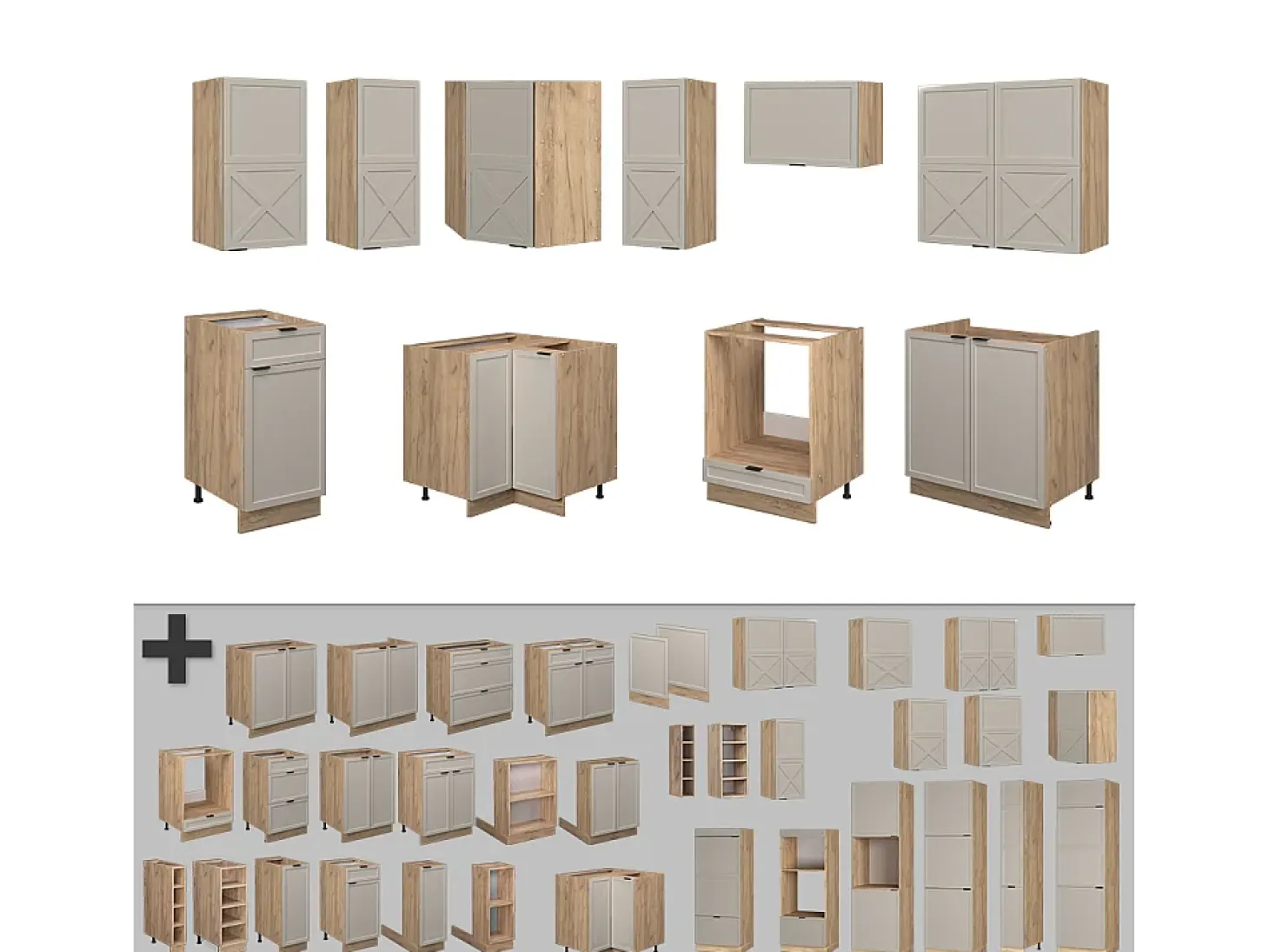 Cocina esquinera gris/beige/roble dorado 190x60x81.6 fame-line