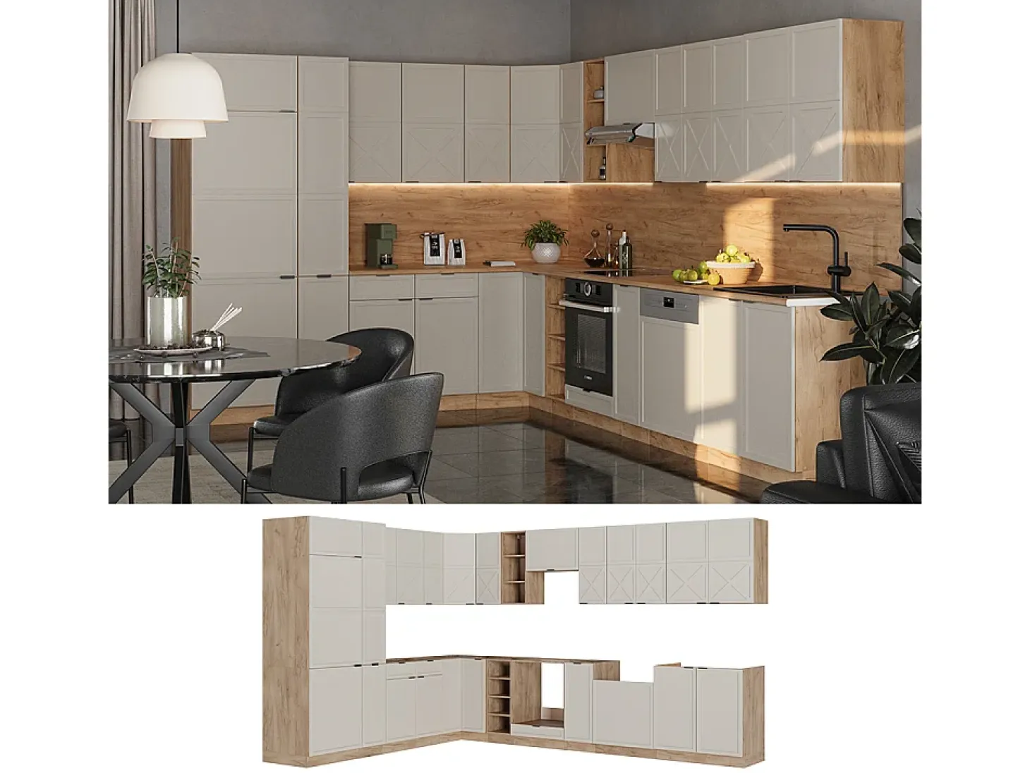 Cocina esquinera gris/beige/roble dorado 347x46x81.6 fame-line