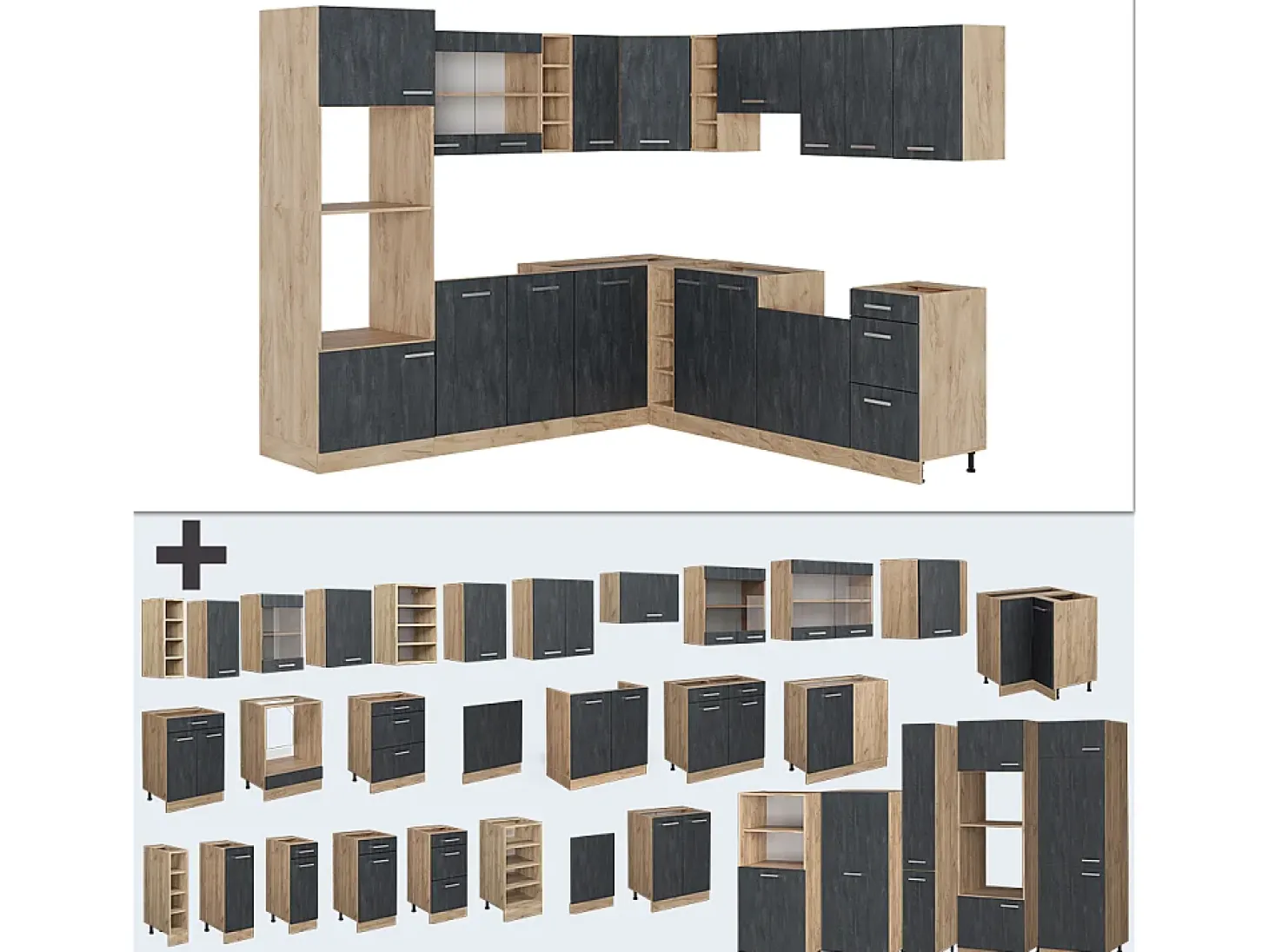 Cocina esquinera hormigón negro/roble dorado 247x46x81.6 r-line
