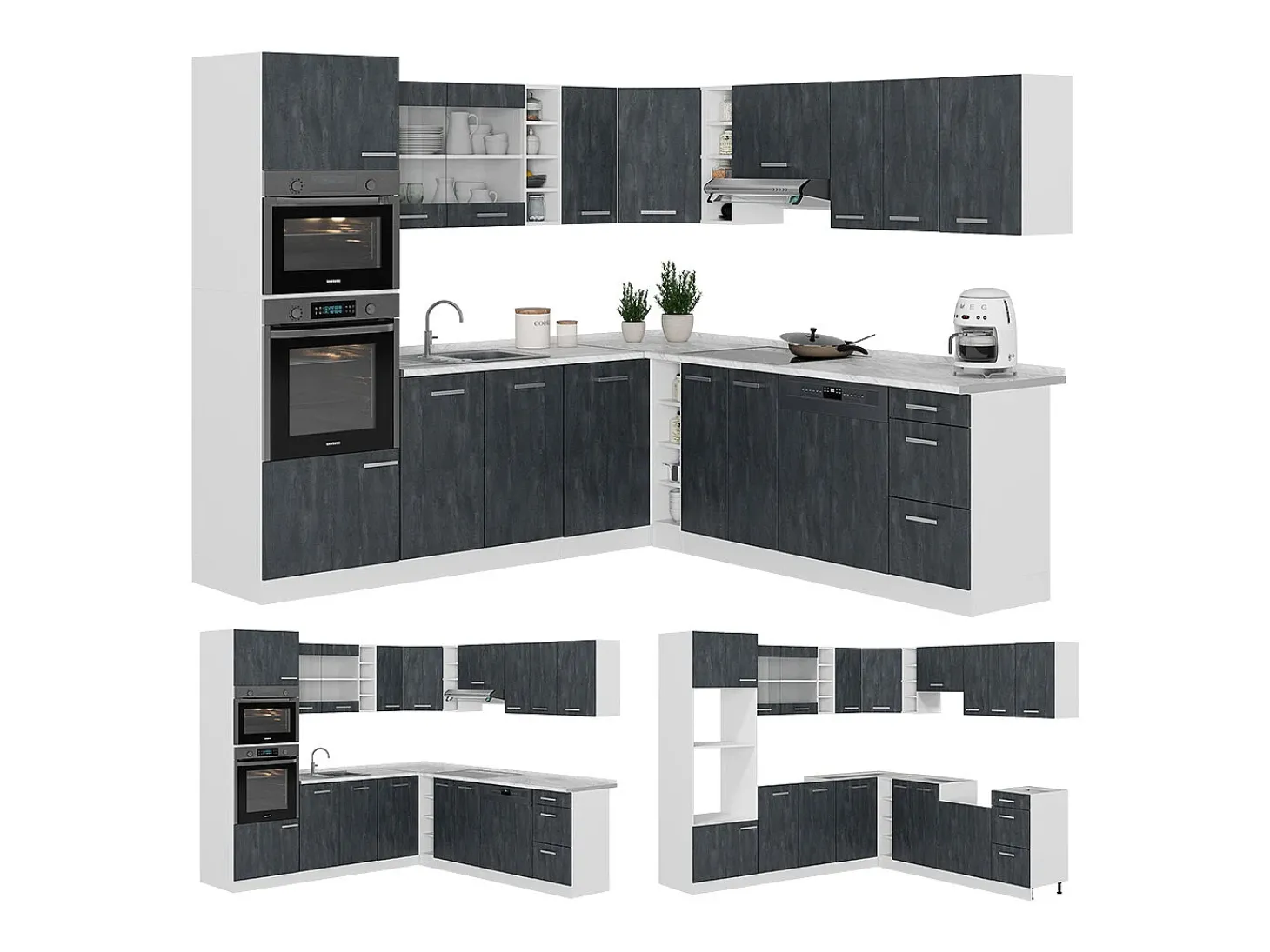 Cocina esquinera hormigón negro/blanco 247x60x81.6 r-line