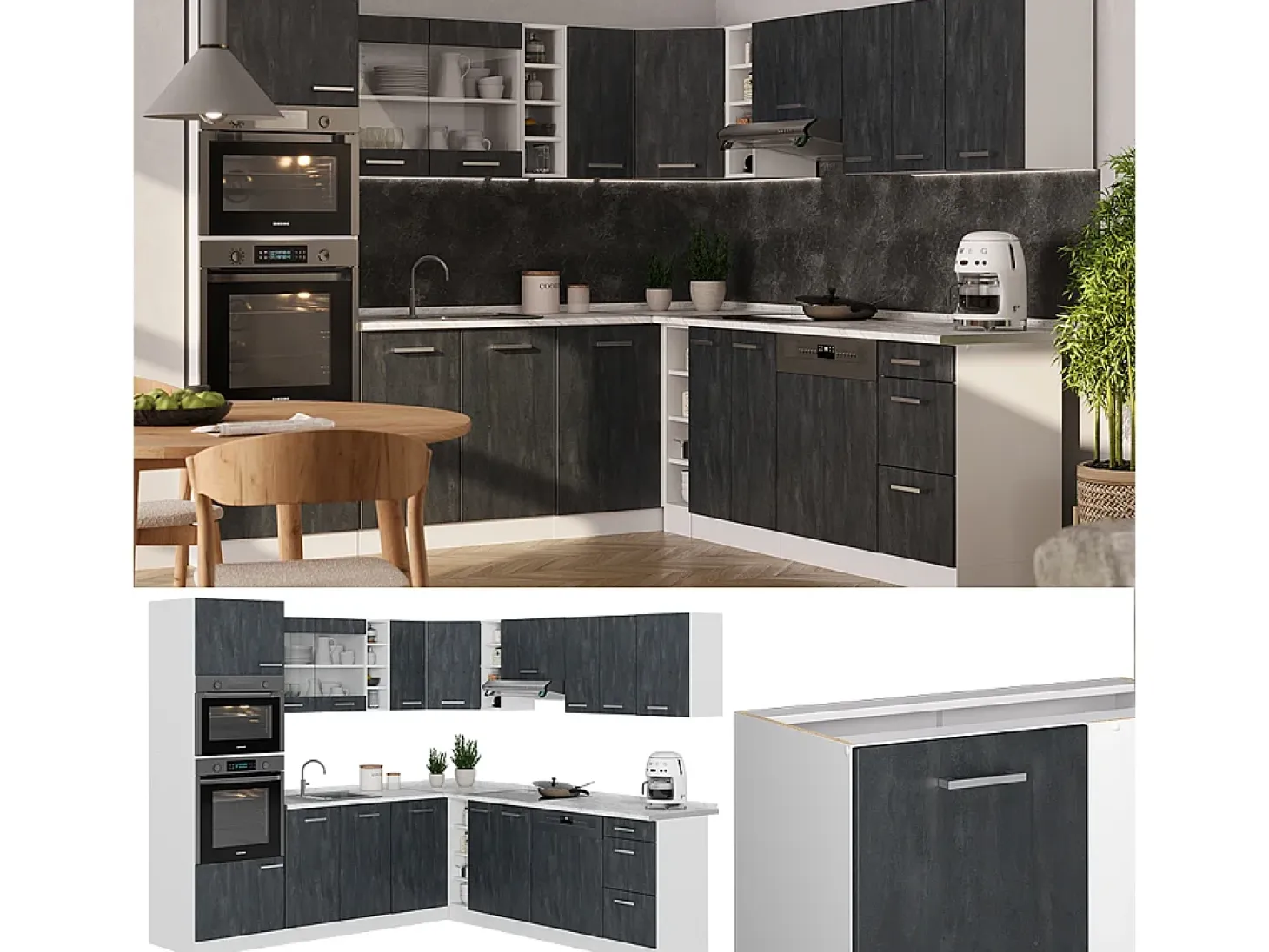 Cocina esquinera hormigón negro/blanco 247x60x81.6 r-line
