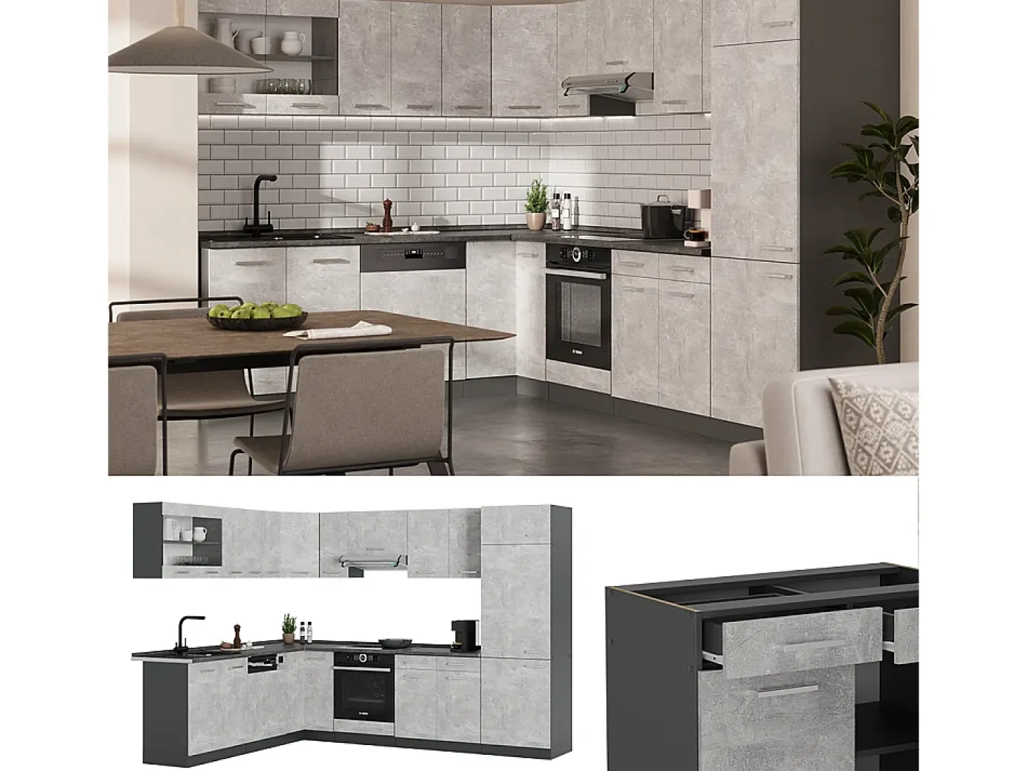 Cocina esquinera hormigón/antracita 287x46x81.6 r-line