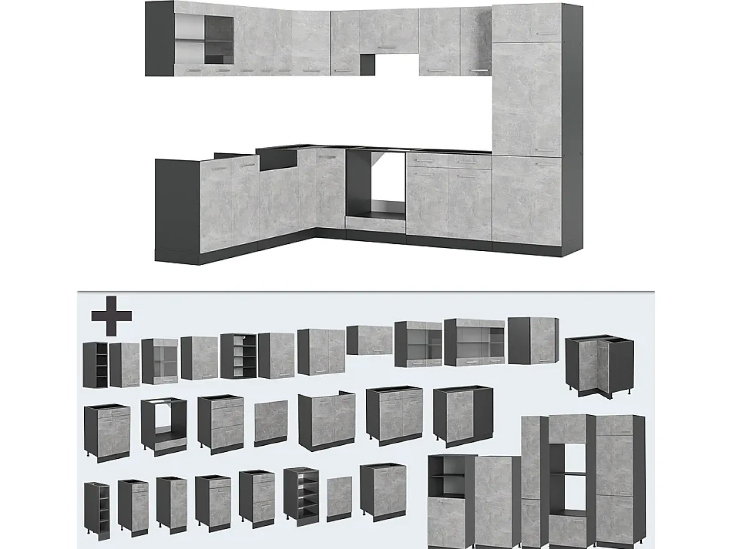 Cocina esquinera hormigón/antracita 287x46x81.6 r-line