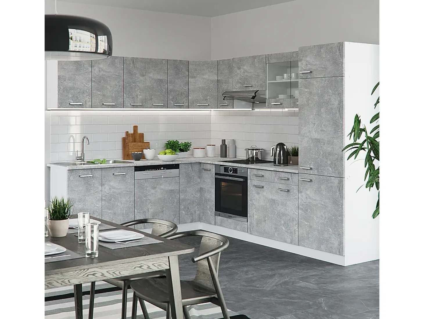 Cocina esquinera hormigón/blanco 287x60x81.6 r-line
