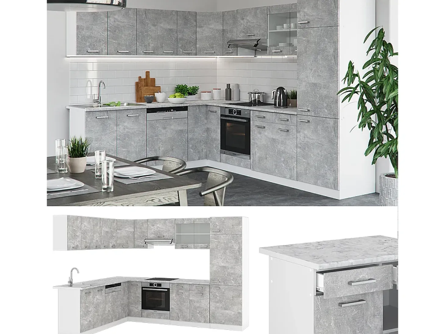 Cocina esquinera hormigón/blanco 287x60x81.6 r-line