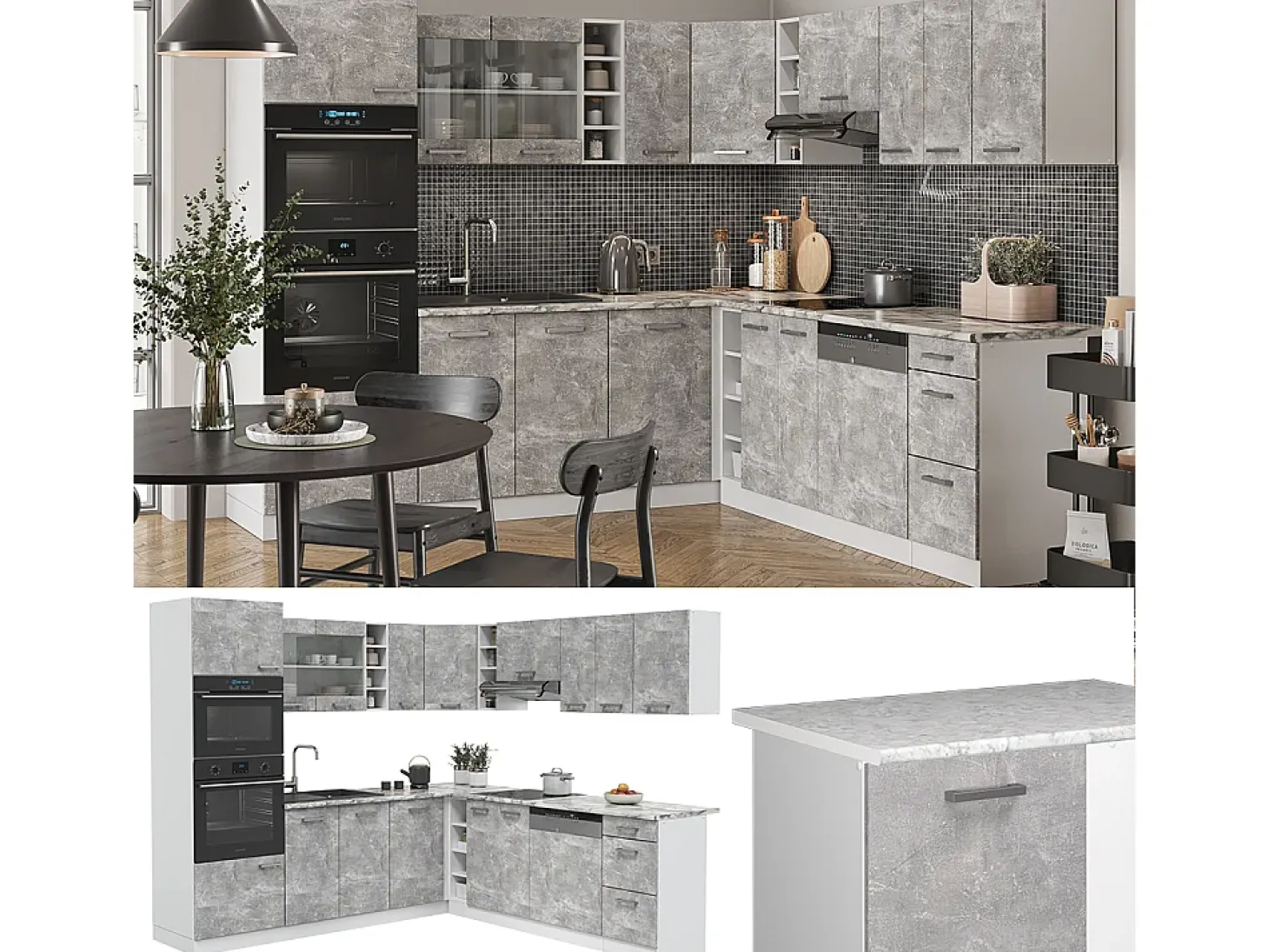 Cocina esquinera hormigón/blanco 247x60x81.6 r-line