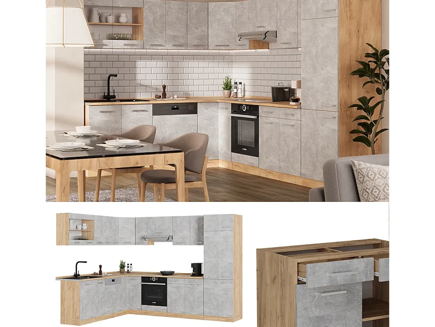 Cocina esquinera hormigón/roble dorado 287x46x81.6 r-line