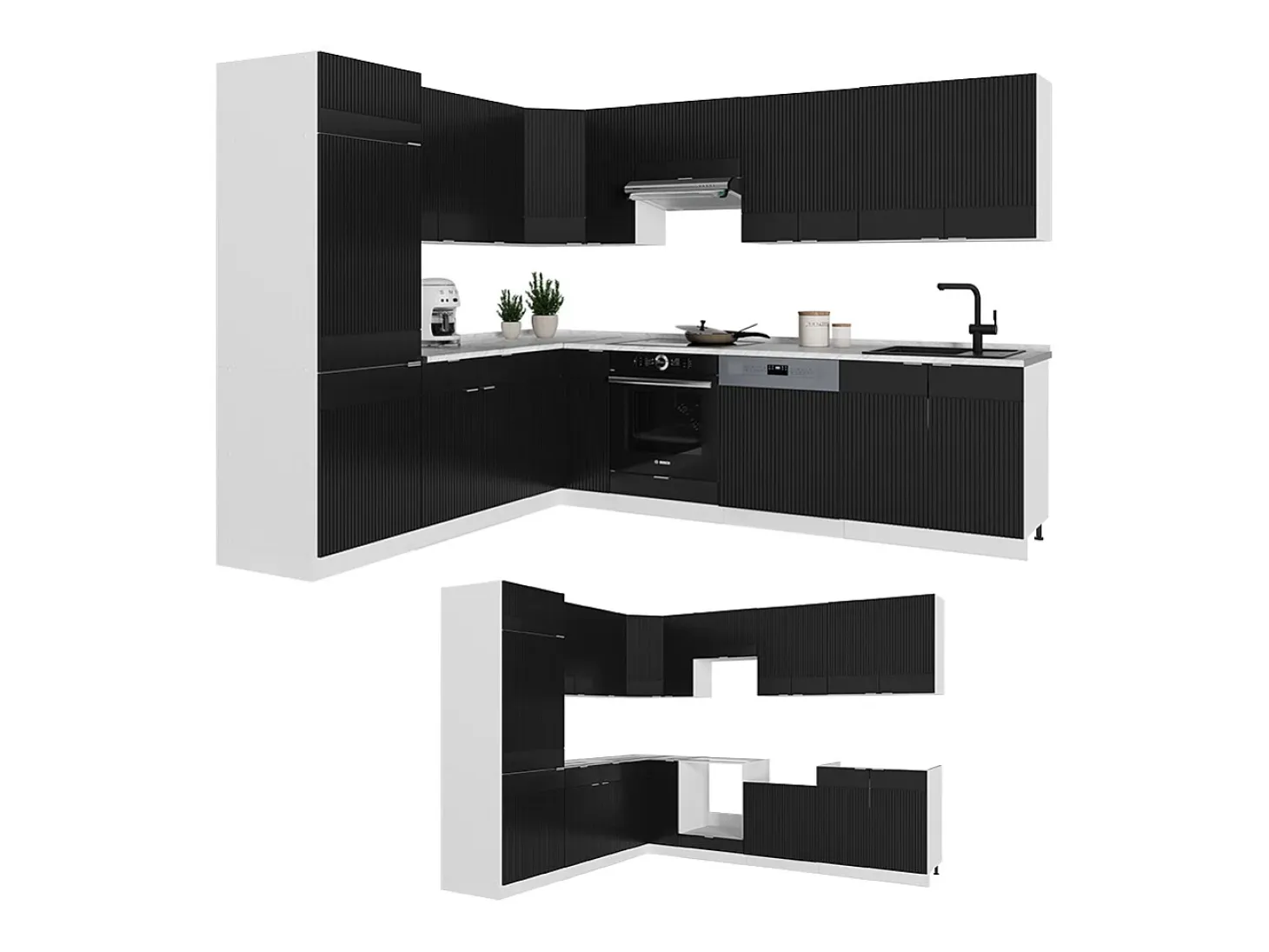 Cocina esquinera negro a rayas/blanco 287x46x81.6 fame-line