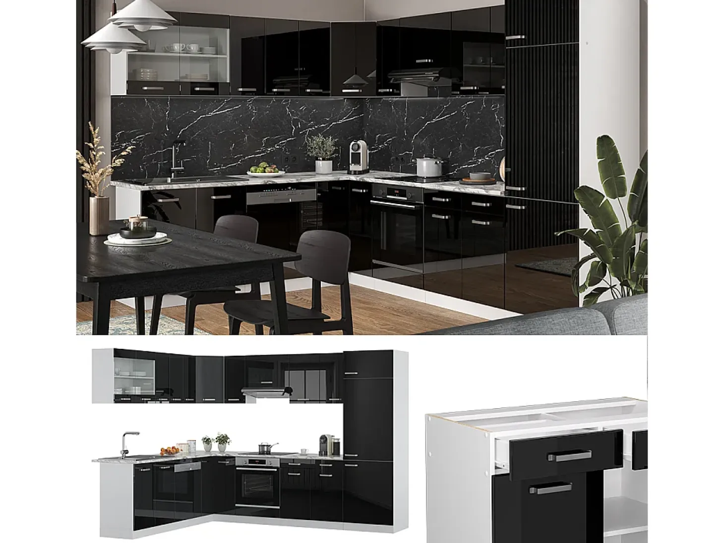 Cocina esquinera negro brillo intenso 287x60x81.6 r-line