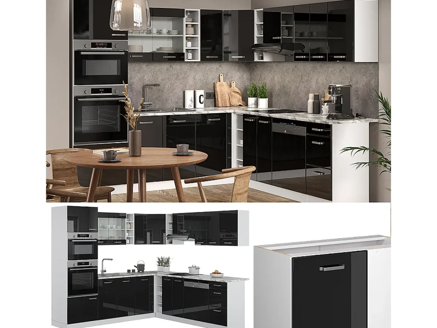 Cocina esquinera negro brillo/blanco 247x60x81.6 r-line