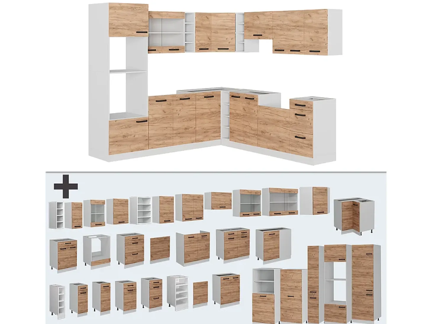 Cocina esquinera oro potencia roble/blanco 247x46x81.6 r-line