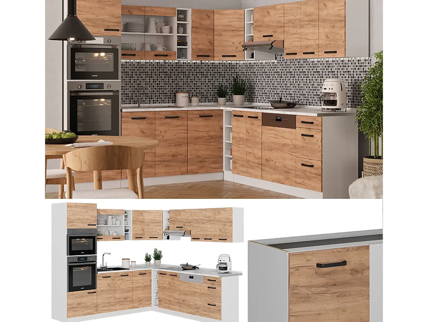 Cocina esquinera oro potencia roble/blanco 247x46x81.6 r-line