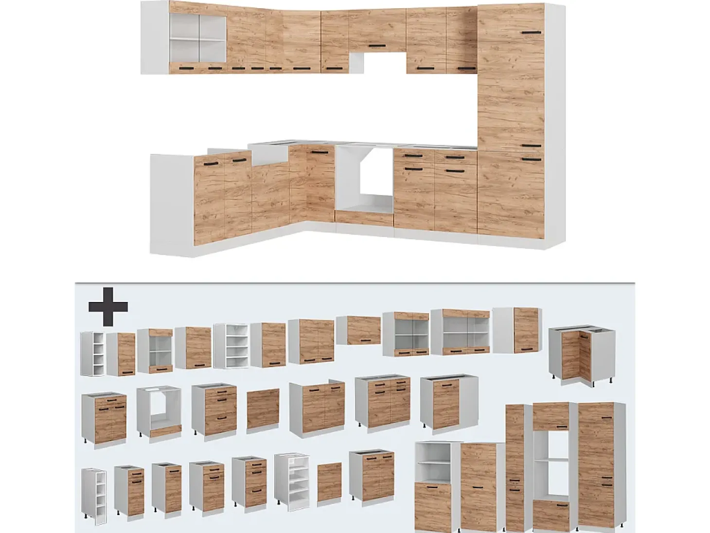 Cocina esquinera oro potencia roble/blanco 287x46x81.6 r-line