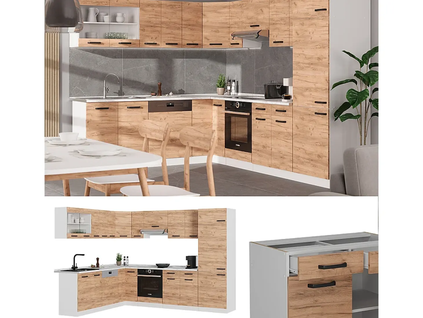 Cocina esquinera oro potencia roble/blanco 287x46x81.6 r-line