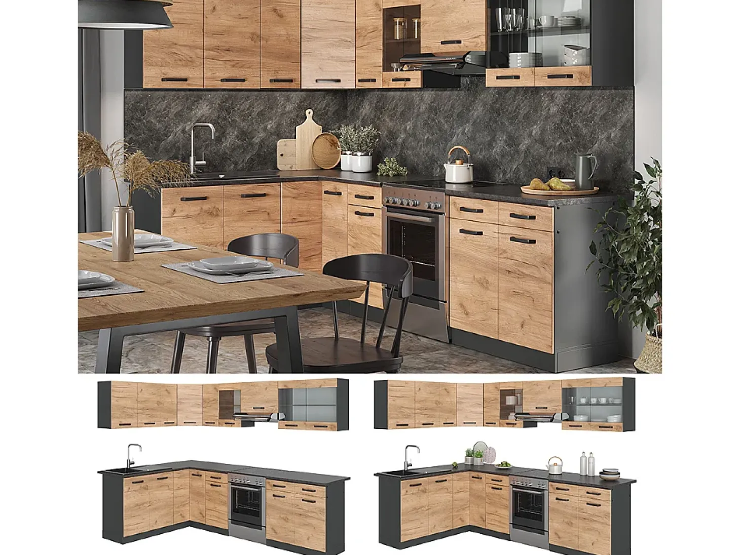 Cocina esquinera oro power roble/antracita 270x60x81.6 rick