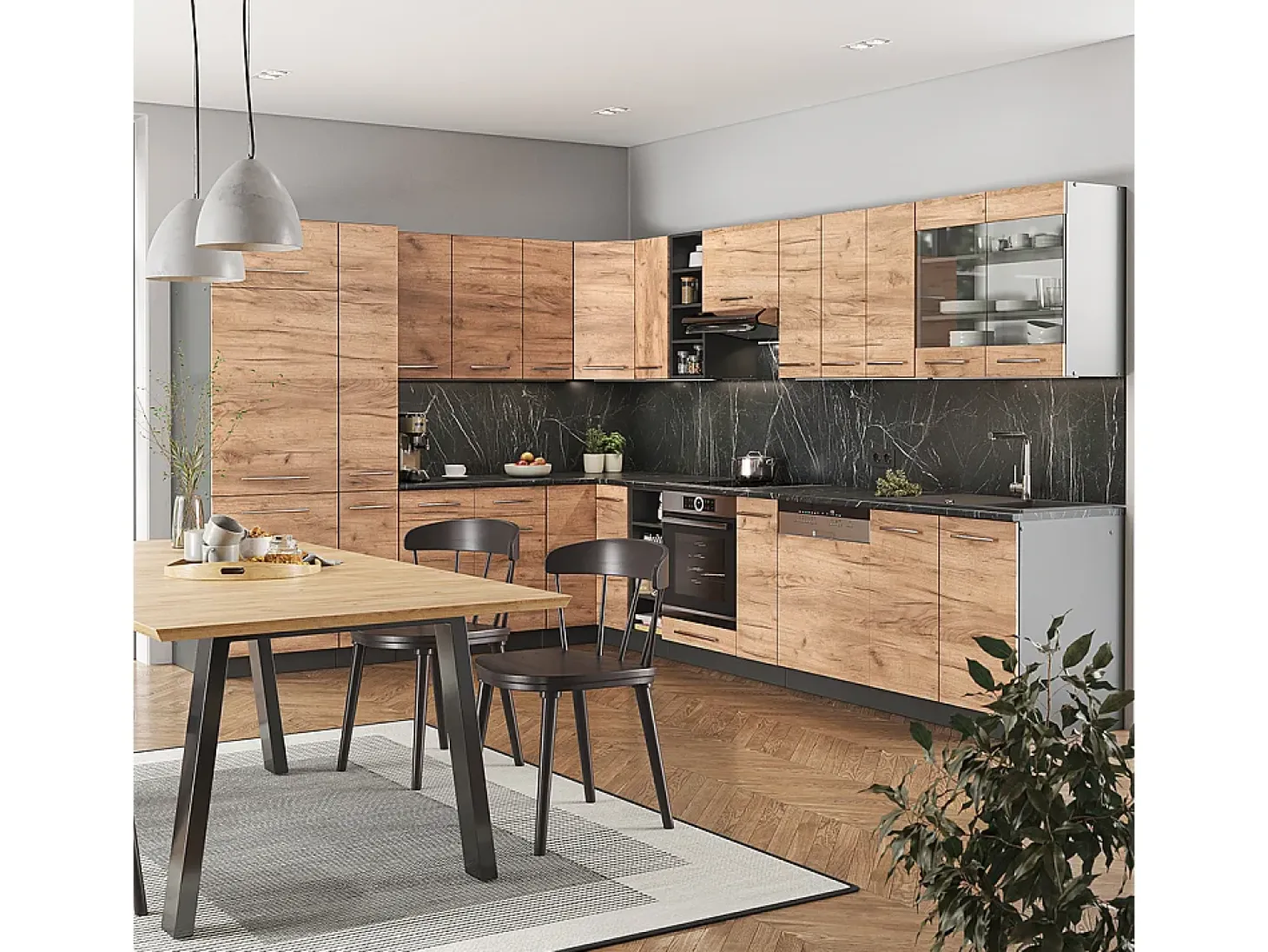 Cocina esquinera oro power roble/antracita 347x46x81.6 fame-line