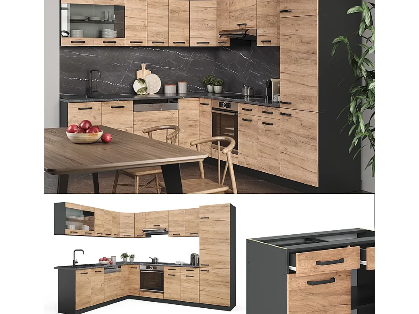 Cocina esquinera oro power roble/antracita 287x60x81.6 r-line