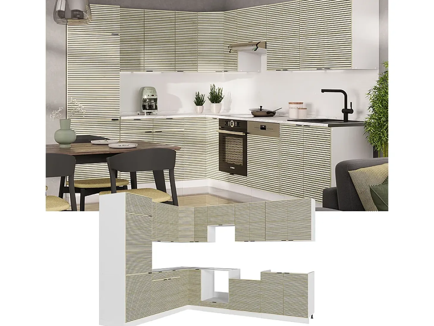 Cocina esquinera panel roble/blanco 287x60x81.6 fame-line
