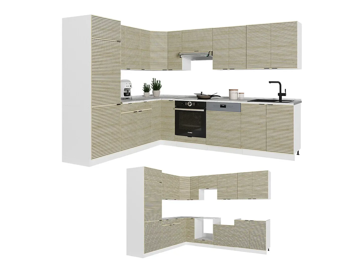 Cocina esquinera panel roble/blanco 287x46x81.6 fame-line