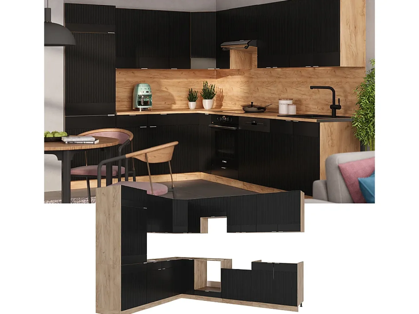 Cocina esquinera rayas negras/roble dorado 287x46x81.6 fame-line
