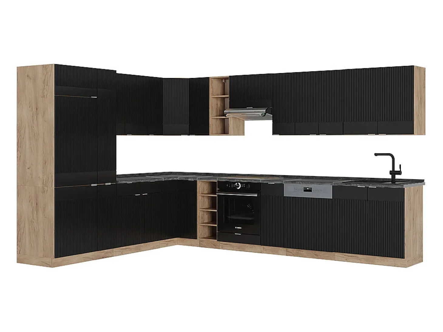 Cocina esquinera rayas negras/roble dorado 347x60x81.6 fame-line