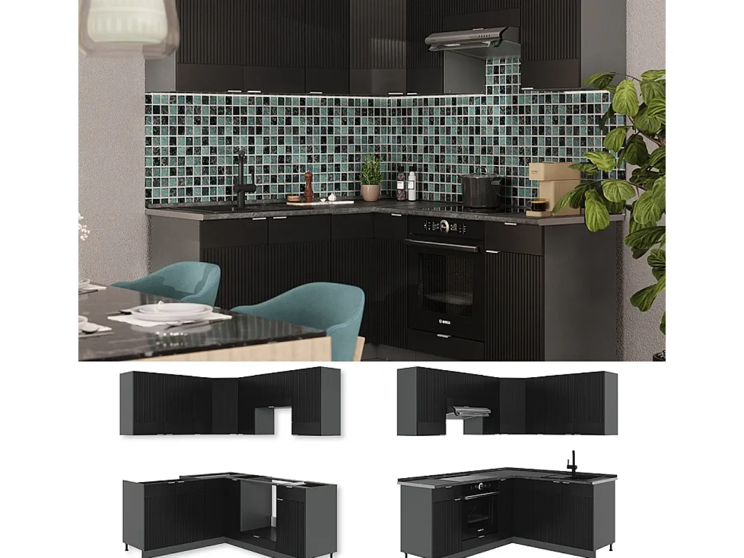 Cocina esquinera rayas negras/antracita 190x60x81.6 fame-line