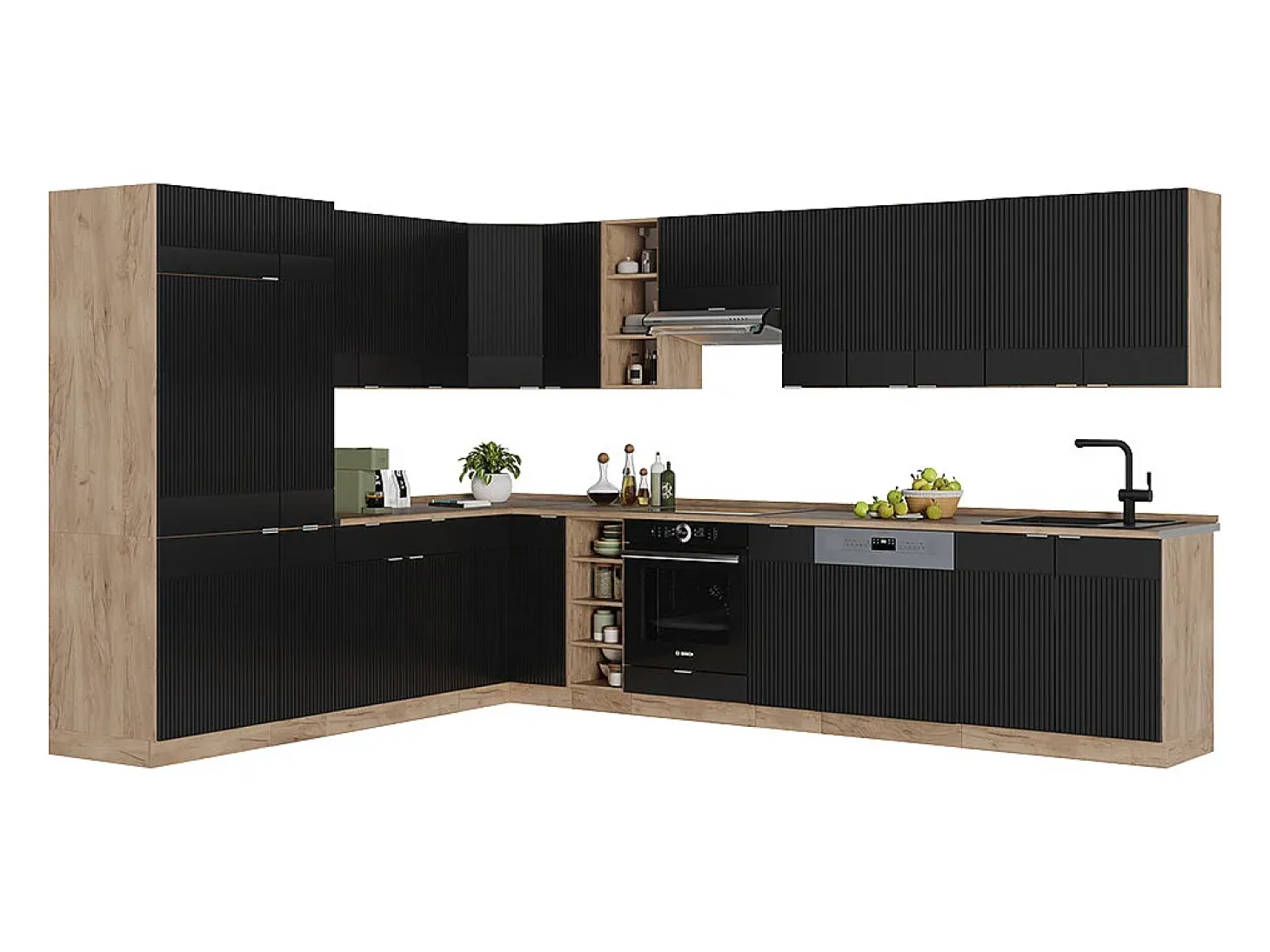 Cocina esquinera rayas negras/roble dorado 347x46x81.6 fame-line