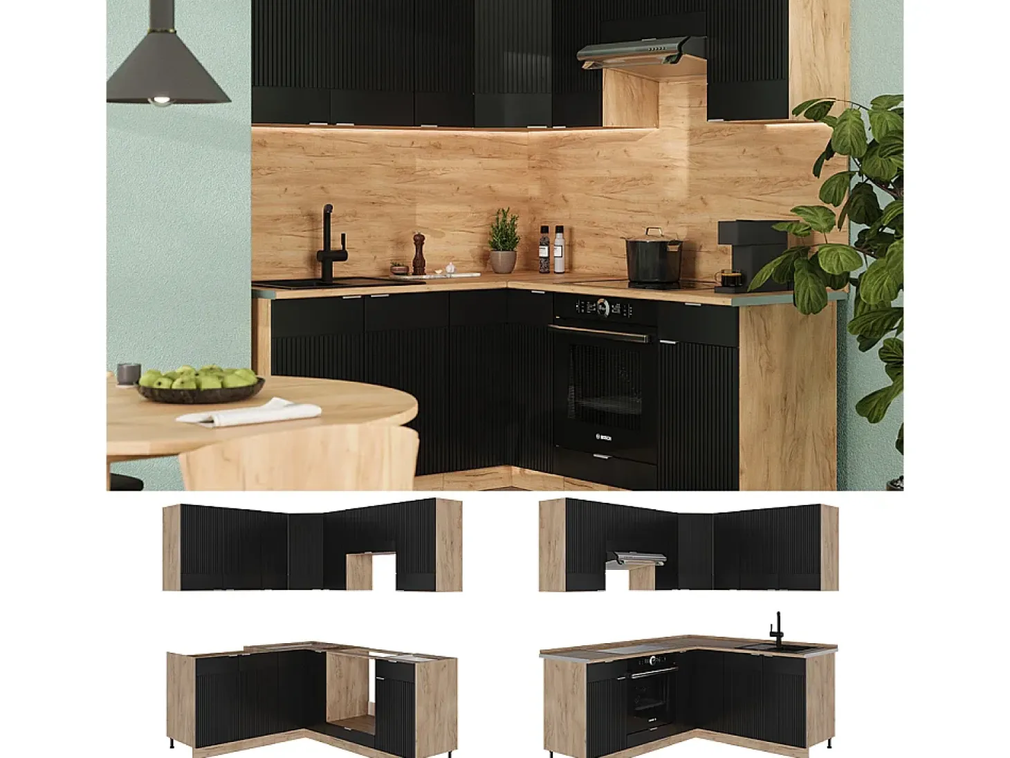 Cocina esquinera rayas negras/roble dorado 190x60x81.6 fame-line