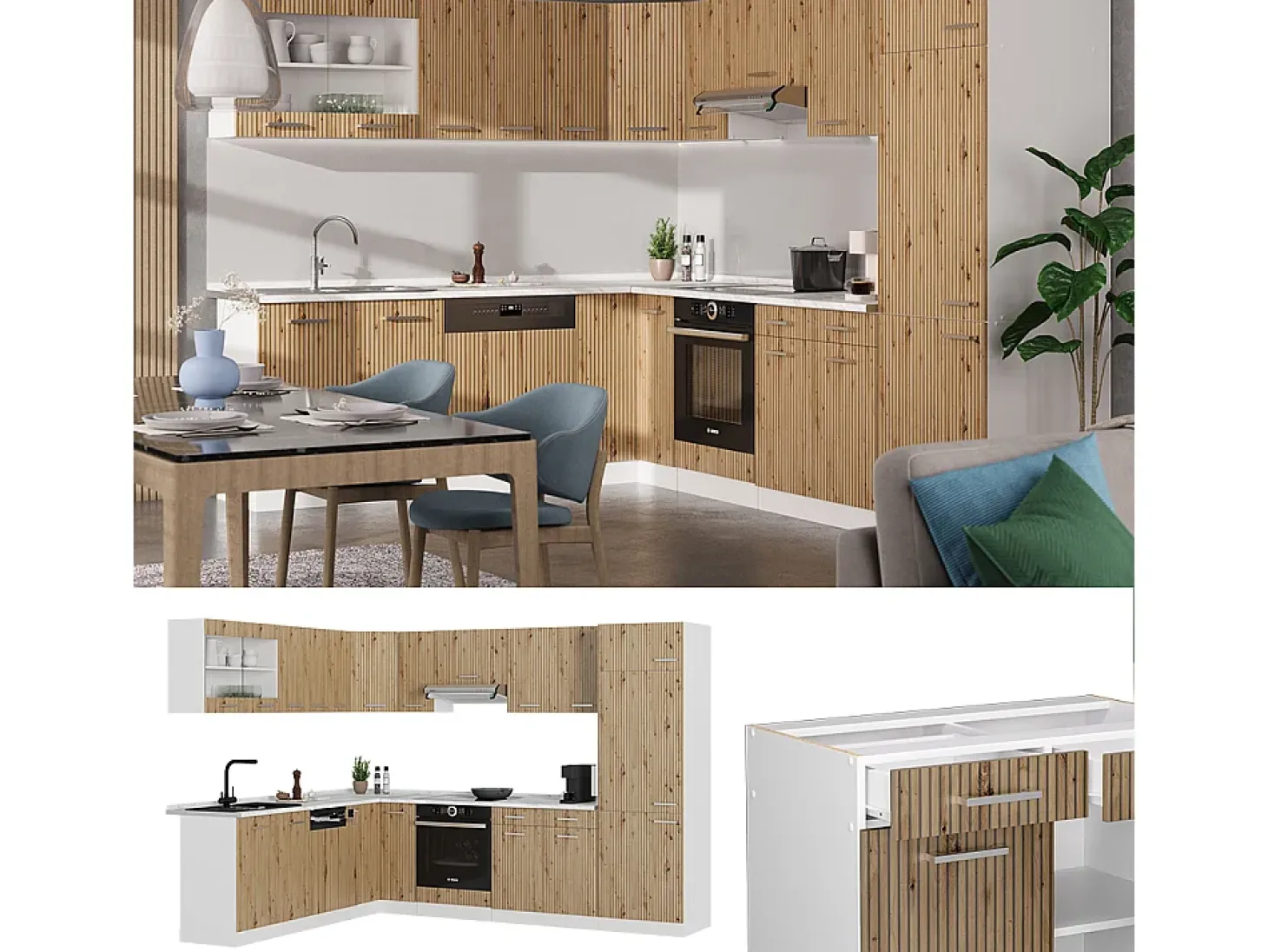 Cocina esquinera roble artesanal/blanco 287x60x81.6 r-line