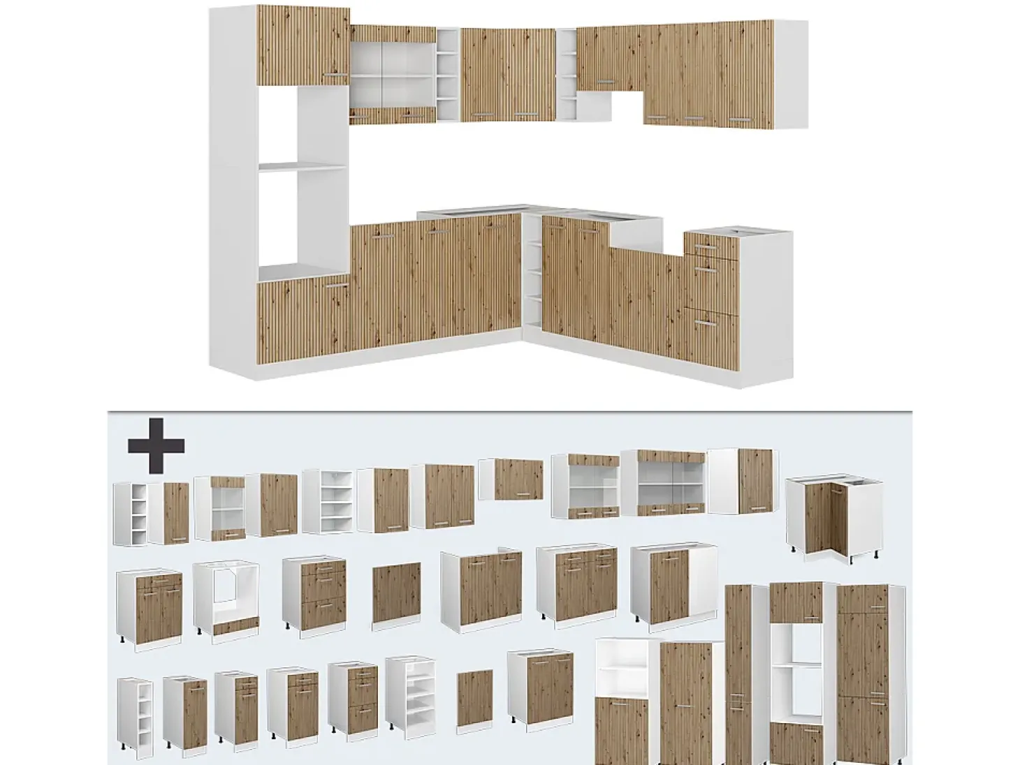 Cocina esquinera roble artesanal/blanco 247x60x81.6 r-line