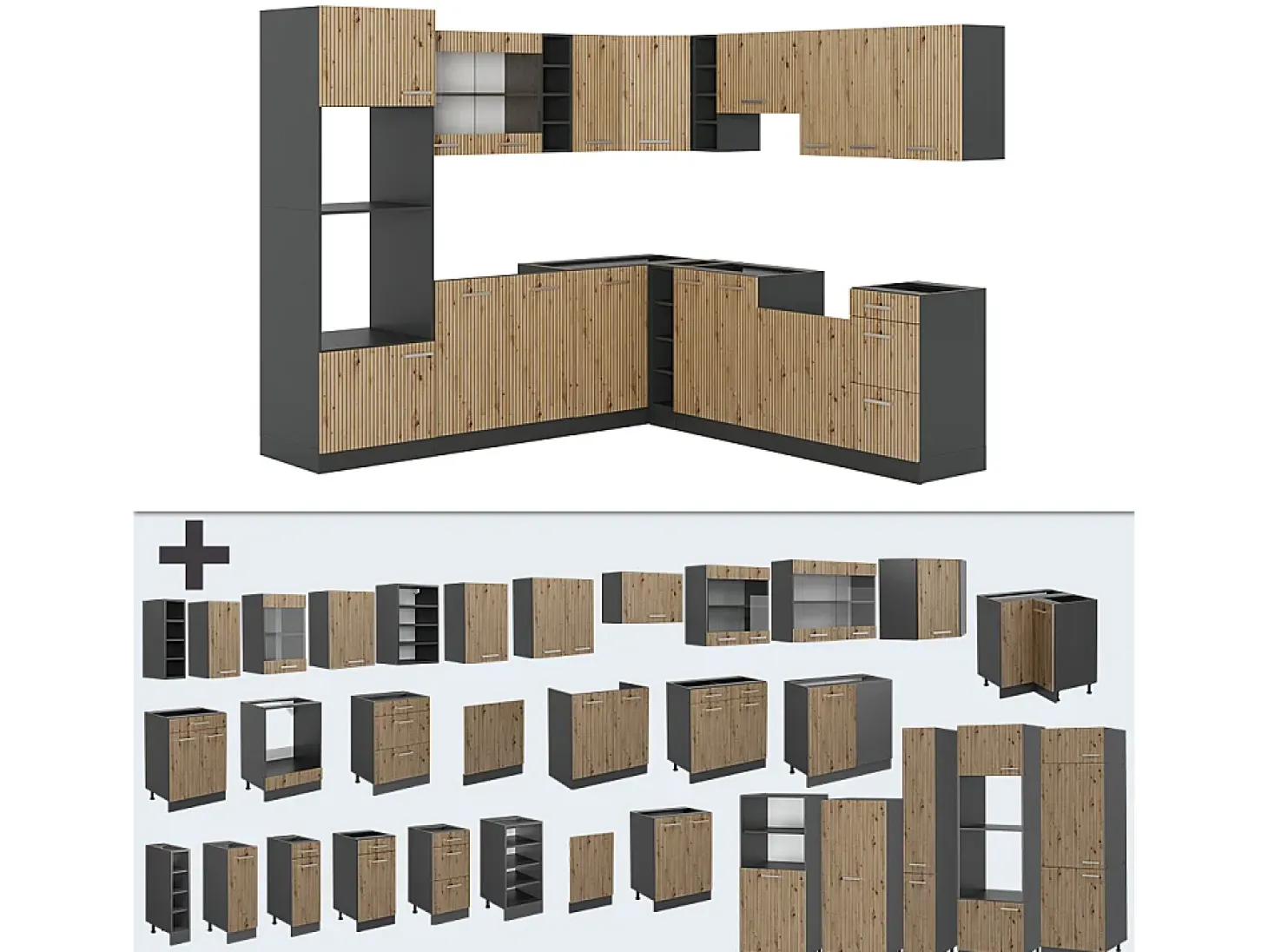 Cocina esquinera roble artesanal/antracita 247x60x81.6 r-line