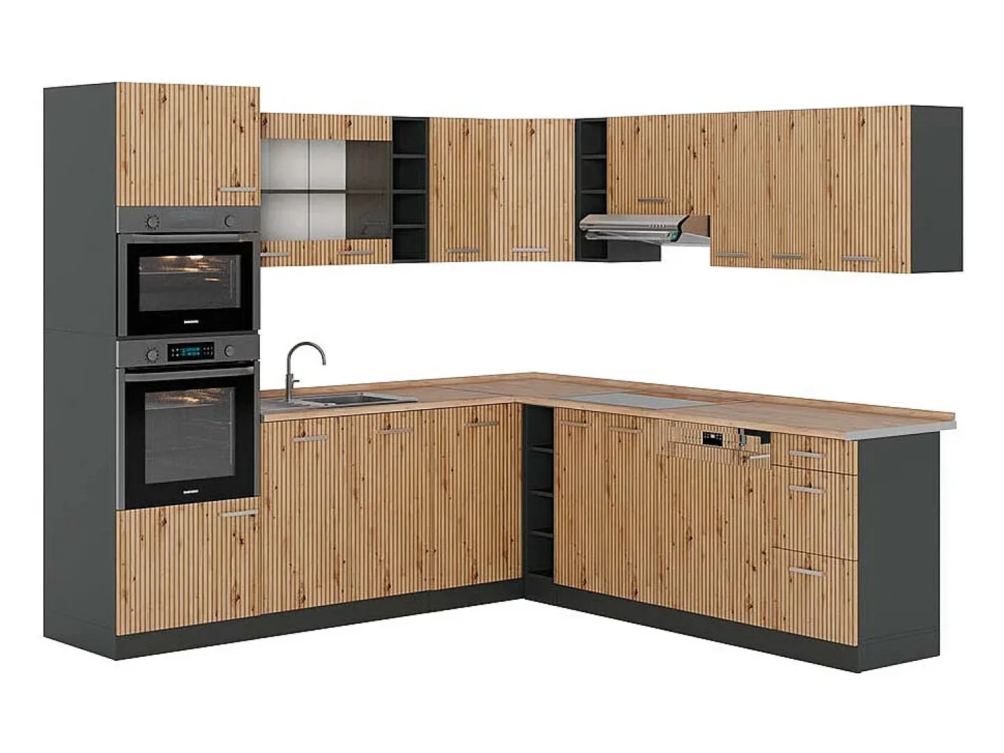 Cocina esquinera roble artesanal/antracita 247x60x81.6 r-line